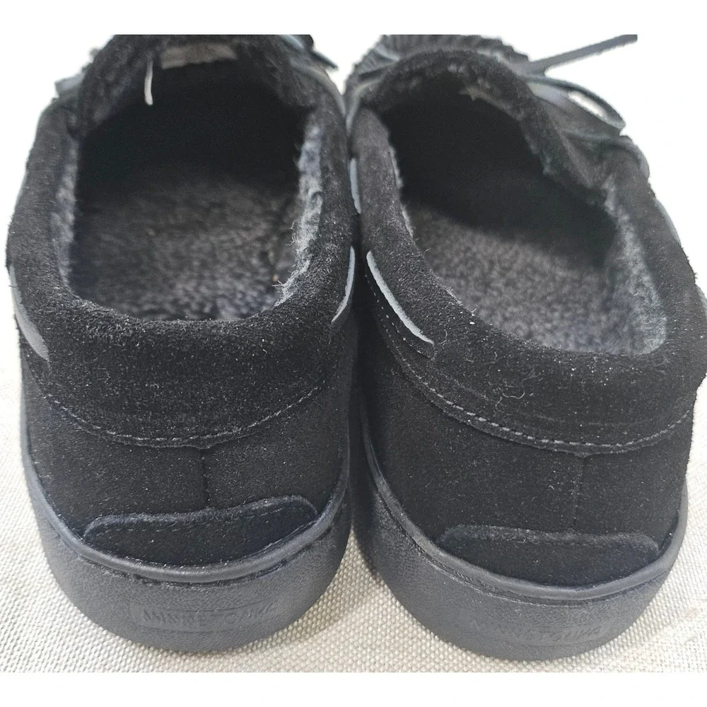 Minnetonka Moccasin Slippers Mens 10 Black Suede Pile Lined Hardsole 4100502